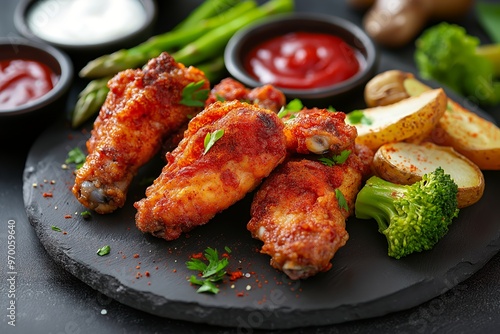 Closeup of crispy chicken wings with potato wedges and broccoli florets.