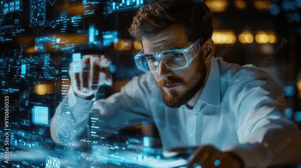 Man wearing protective glasses in front of a digital screen. Man wearing protective glasses in front of a digital screen.