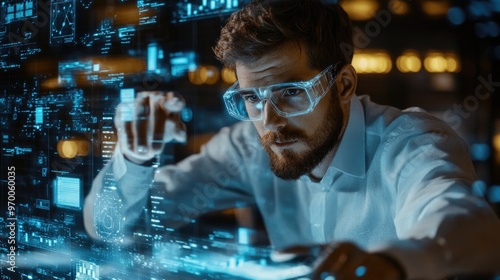 Man wearing protective glasses in front of a digital screen.