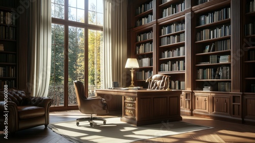 A classic study room with a wooden desk, leather chair, bookshelves filled with books, and a comfy armchair, all illuminated by natural light from the window