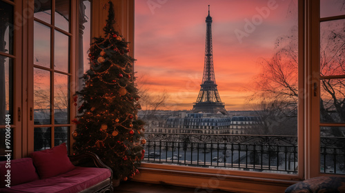 a Parisian apartment with a Christmas tree and  an Eiffel Tower view 