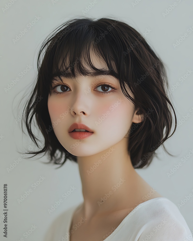 Portrait of a young woman with short black hair and bangs Portrait of a young woman with short black hair and bangs