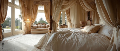Luxurious bedroom with a four-poster canopy bed and a view of the garden.