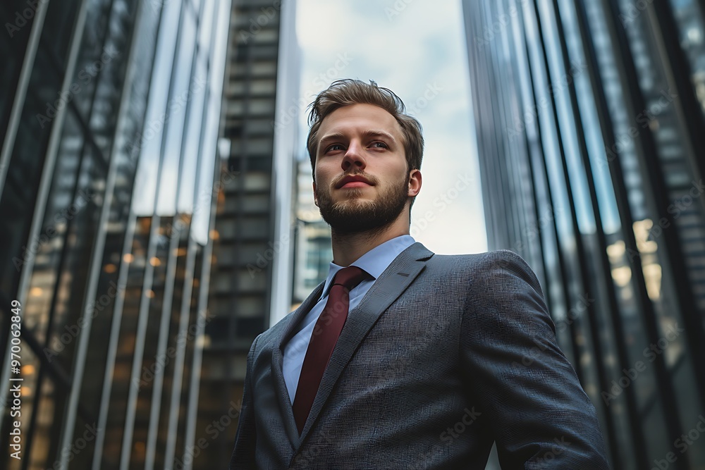 Confident businessman in a suit standing in a city street looking up at tall buildings Confident businessman in a suit standing in a city street looking up at tall buildings