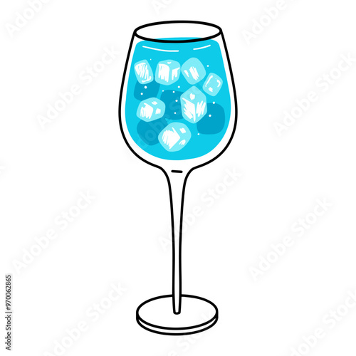 Glass of blue lagoon cocktail isolated on white background. Linear summer drink for menu, bar. Alcoholic drink with ice cubes