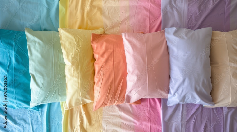 Top view of a variety of colorful pillows on matching bedsheets in pastel tones, arranged in a grid pattern Top view of a variety of colorful pillows on matching bedsheets in pastel tones, arranged in a grid pattern