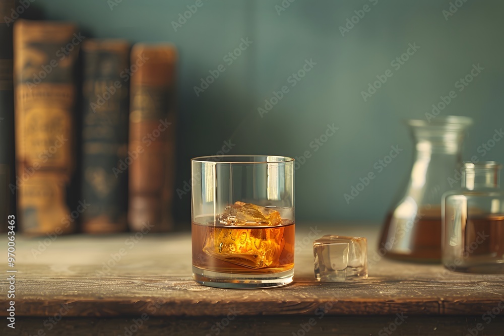 A Glass of Whiskey on a Rustic Table with Vintage Books in the Background