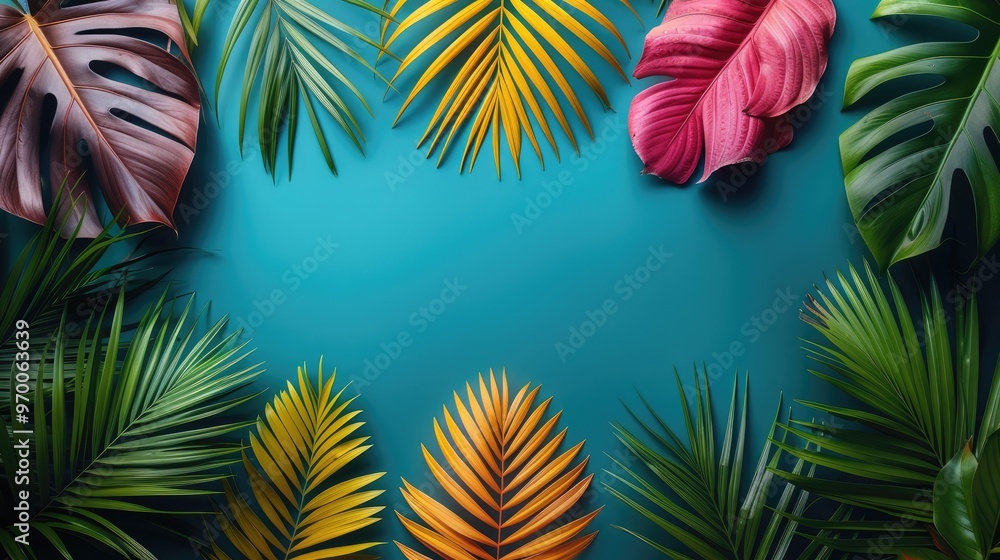 Naklejka premium Colorful summer tropical palm leaves with copyspace, trendy summer jungle style floral colorful pattern background, colors botanical tropical leaves ,sun light and shadows.