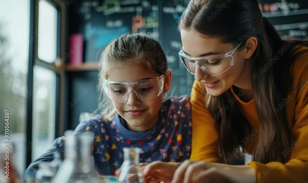 A young teacher assisting a student with a chemistry experiment. Education concept. A young teacher assisting a student with a chemistry experiment. Education concept.