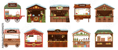 Christmas market stalls. Holiday souvenir shops, new year wooden kiosks with garlands and light bulbs, traditional bazaar, sweets and gifts, cartoon flat isolated illustration tidy vector set