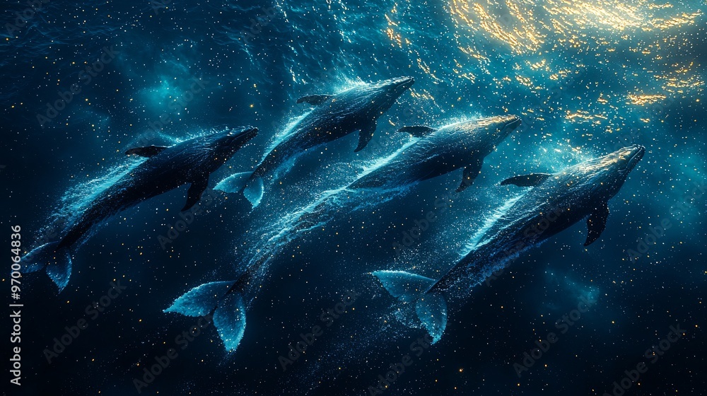 Fototapeta premium A pod of whales breaking through the surface of the ocean