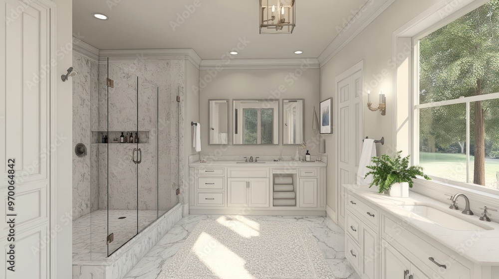 Fototapeta premium Modern White Bathroom with Marble Floors and Glass Shower