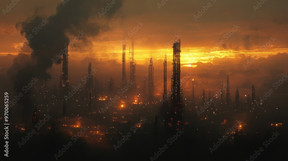 A Silhouette of a Futuristic Cityscape at Sunset with Smoke and Lights A Silhouette of a Futuristic Cityscape at Sunset with Smoke and Lights