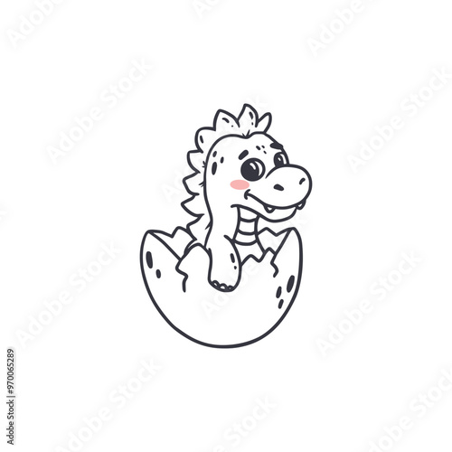 Cute cartoon dinosaur isolated on white. Dino doodle character in doodle style for children. Dinosaur hatched from egg. Funny Kids coloring page. Vector illustration