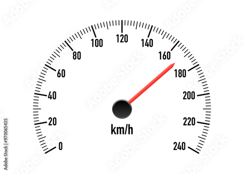 Realistic car speedometer with red speed level scale. Racing speed counter. Engine power concept template. Speed meter with red arrow and kilometers measuring scale. Vector illustration
