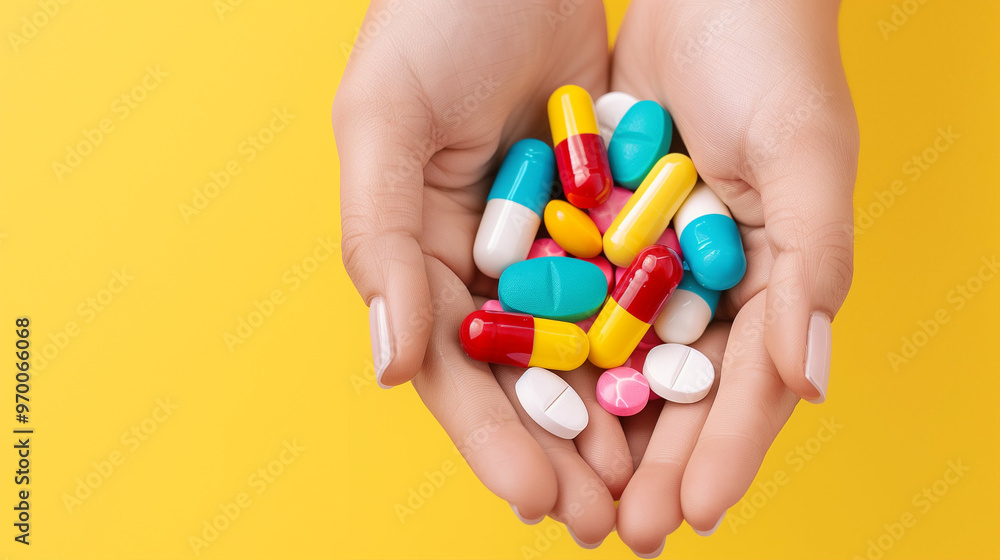 Pills in hands colorful capsules and tablets health and wellness concept Pills in hands colorful capsules and tablets health and wellness concept