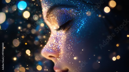 Close-up of a Woman's Face Covered in Glittering Makeup with Bokeh Lights in the Background