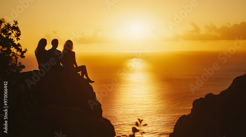 A couple watching the sunset from a cliffside with the golden light casting long shadows and the ocean stretching out below.