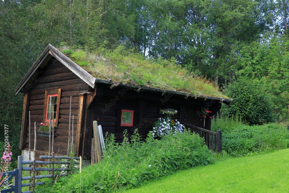 Wooden cabin with real grass on roof. Jämtland, Sweden, Europe. Wooden cabin with real grass on roof. Jämtland, Sweden, Europe.
