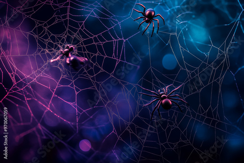 Halloween spider web banner with spiders, cobweb background photo