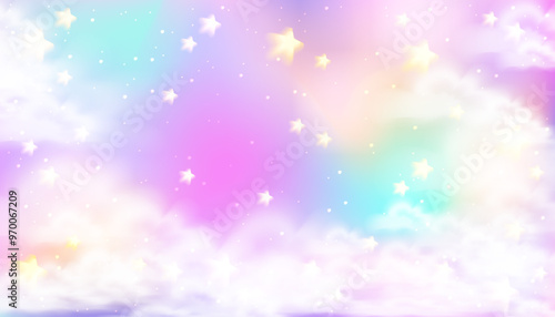 Dreamy unicorn sky background. Magic rainbow landscape with clouds and stars for fantasy princess design. Dream core concept. Stock vector illustration in surreal realistic style.