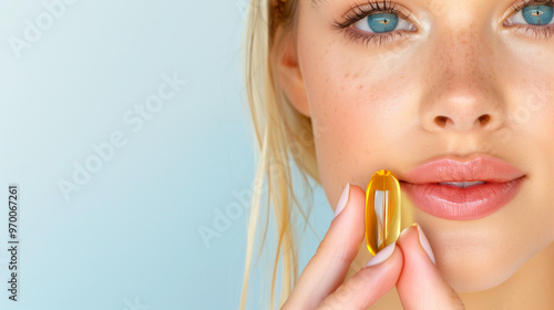 Woman holding beauty supplement promoting health and skincare for glowing skin and wellness photo