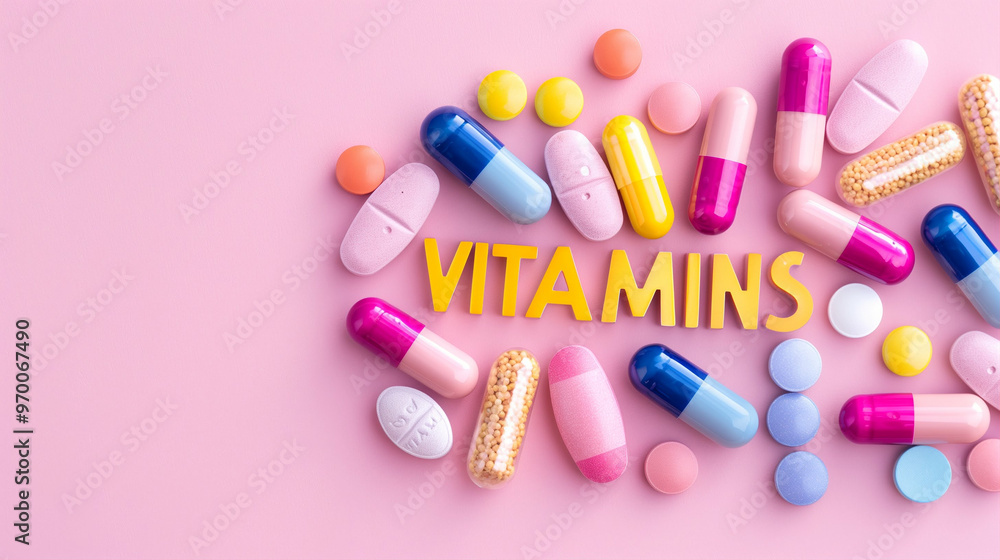 Vitamins and pills on pink background showcasing health benefits with colorful capsules and tablets Vitamins and pills on pink background showcasing health benefits with colorful capsules and tablets