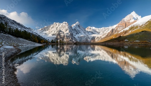 Wallpaper Mural Snow-Capped Peaks Reflected in Clear Mountain Lake, Creating a Stunning Mirror Effect Torontodigital.ca