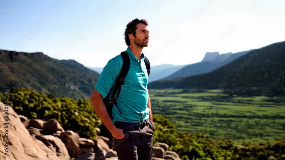 Adventurous Hiker Standing at the Cliff Edge with Panoramic Views of Majestic Mountain Range: Stunning Outdoor Adventure and Nature Exploration Video