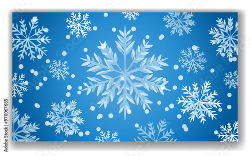 White snowflakes of various sizes on a blue gradient background with bokeh effect. Winter holiday theme, festive and cold season concept. Vector illustration