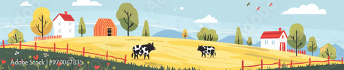 cows graze peacefully in a green pasture surrounded by trees, with a red barn and rolling hills in the distance. Generative ai vector illustration. Pop art comic book style imitation