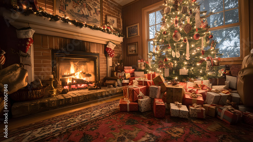 A cozy living room scene with Christmas gifts piled high under a decorated tree with a roaring fire in the fireplace.