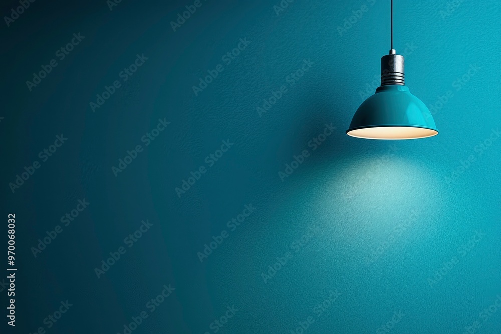 A Single Blue Pendant Light Against a Textured Teal Wall A Single Blue Pendant Light Against a Textured Teal Wall