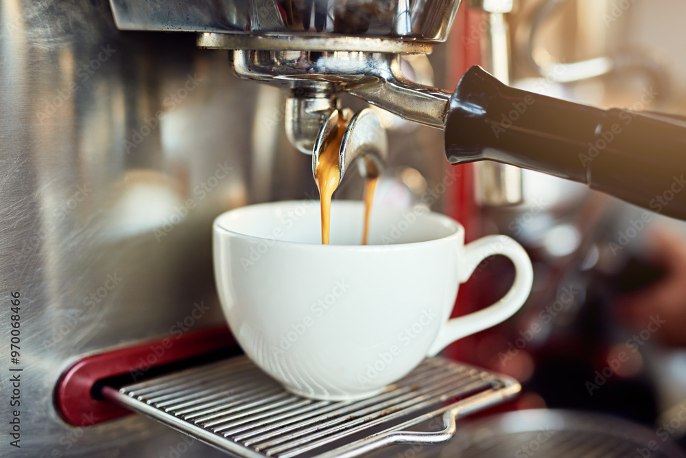 Coffee machine, cup and espresso in closeup, cafe and service with catering, drink or order in morning. Restaurant, diner and equipment in kitchen for press, filter and prepare beverage at store Coffee machine, cup and espresso in closeup, cafe and service with catering, drink or order in morning. Restaurant, diner and equipment in kitchen for press, filter and prepare beverage at store