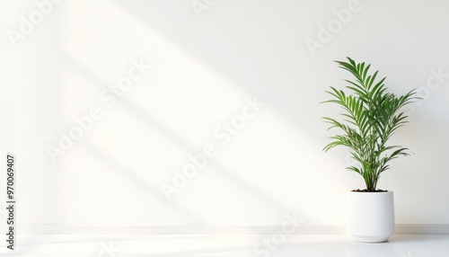 A potted green plant in a white pot against a white wall with sunlight streaming in.