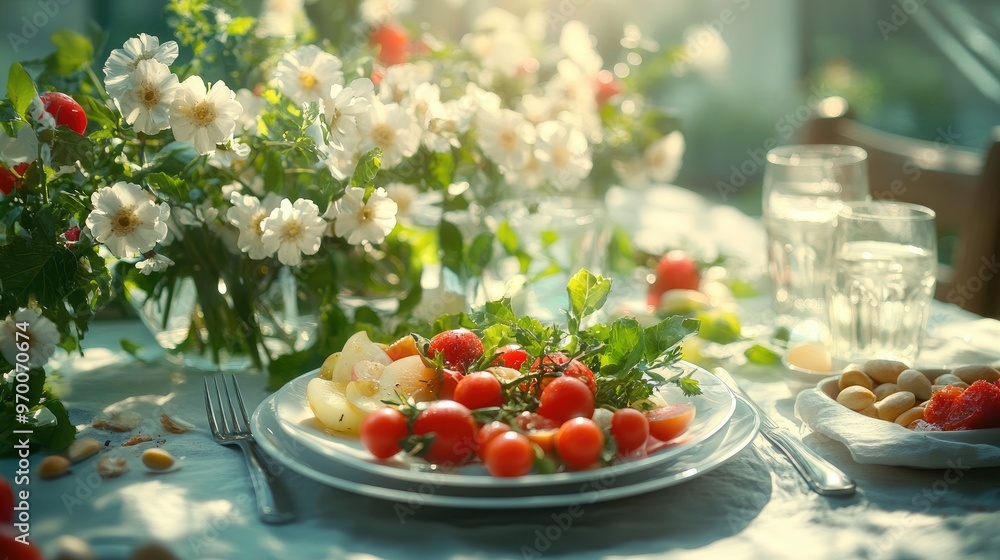 Sunny Garden Brunch Setting with Fresh Salad, Blossoms, and Glassware on Casual Table Sunny Garden Brunch Setting with Fresh Salad, Blossoms, and Glassware on Casual Table