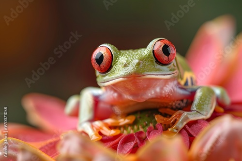 Vibrant Red-Eyed Tree Frog Resting on a Colorful Flower