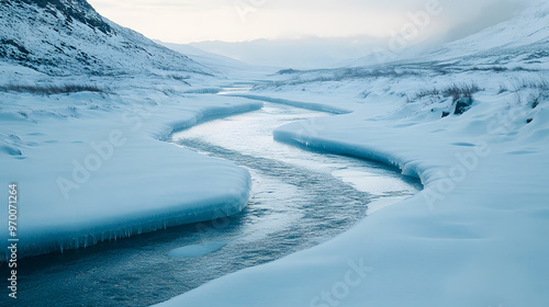 A frozen river meandering through a snow-covered valley with frost glistening on the banks. photo