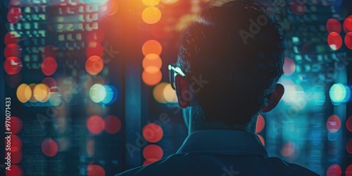 Criminal hacker in glasses decrypting code in a dimly lit room Cybercriminal infiltrating network security Programmer working on computer software Rear view Toned image photo