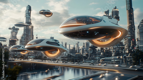 A futuristic cityscape with electric hovercrafts gliding above traffic-free roads. photo