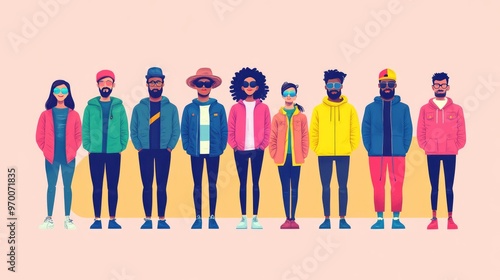 Diverse Group of Trendy Individuals in Vibrant Casual Outfits Standing in a Line