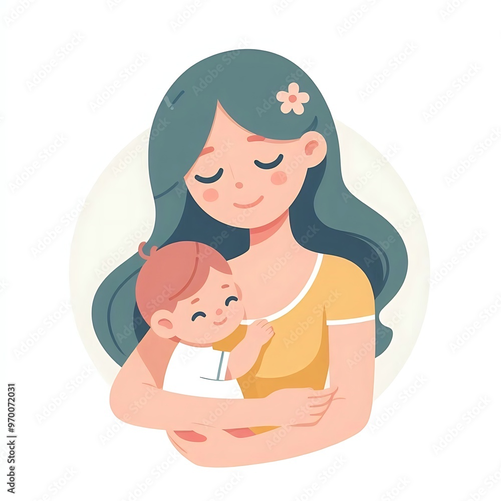 Mother with baby, flat style illustration on white background with leaves Mother with baby, flat style illustration on white background with leaves