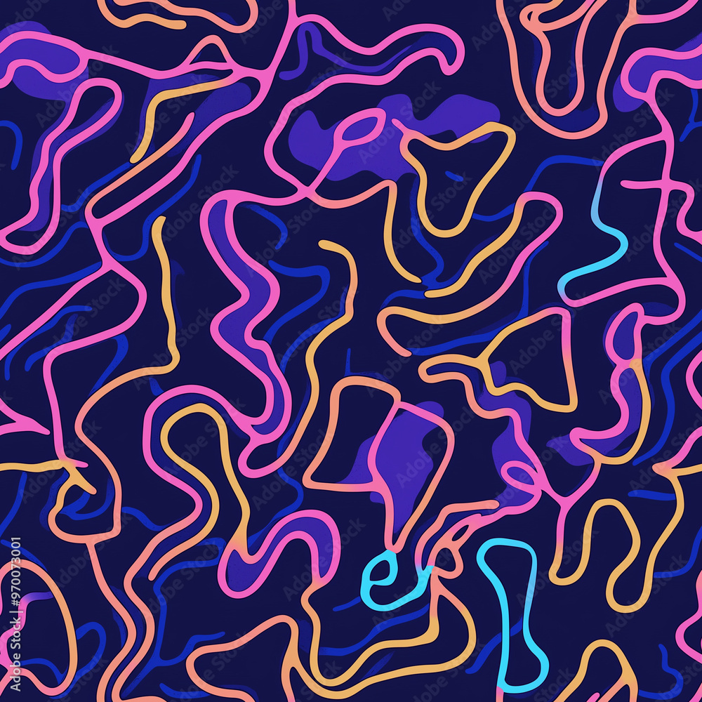 Neon abstract colorful background with lines. Seamless repeating pattern, squiggles and swirls Neon abstract colorful background with lines. Seamless repeating pattern, squiggles and swirls
