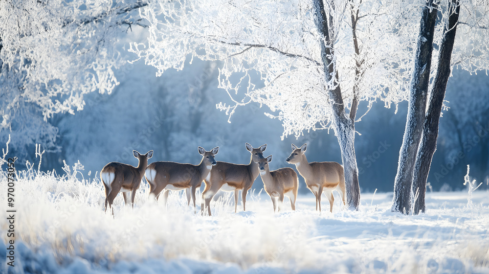 A group of deer grazing in a snow-covered meadow surrounded by frost-covered trees. A group of deer grazing in a snow-covered meadow surrounded by frost-covered trees.