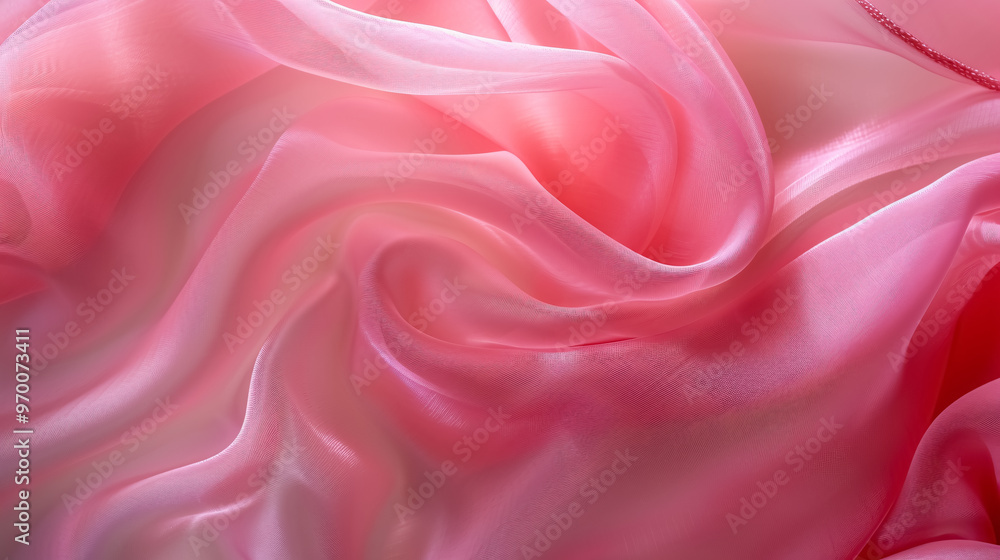 Fototapeta premium Delicate pink organza chiffon fabric background with a swirl creased texture. Sewing fashion clothes making wedding women's apparel concept.