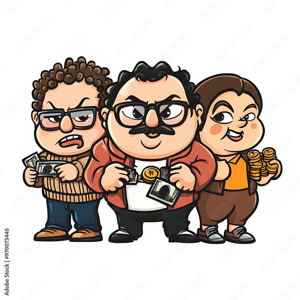 Fototapeta premium Three Cartoon Characters Holding Money, Rich Friends Illustration