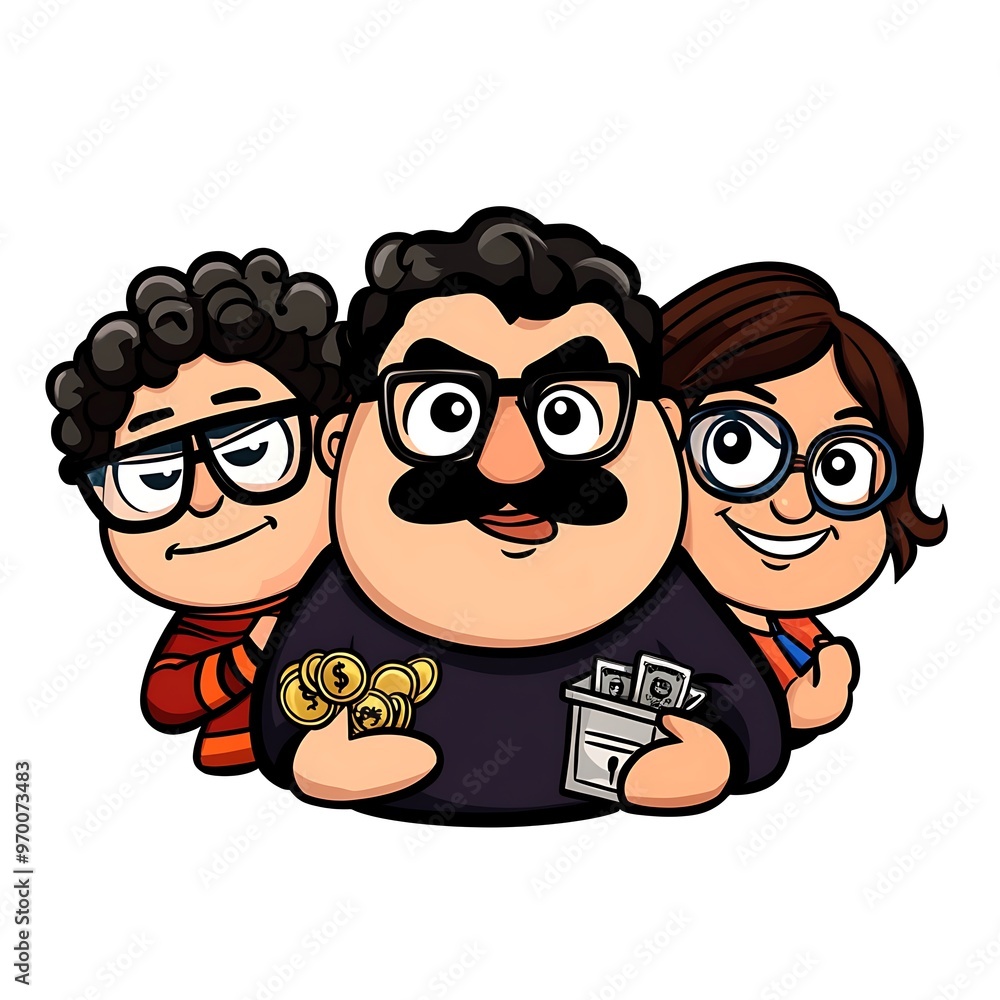 Fototapeta premium Cartoon group of three friends holding money
