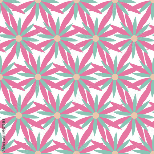 Seamless pattern of simple flowers and plant elements. Vector illustration in cartoon style.