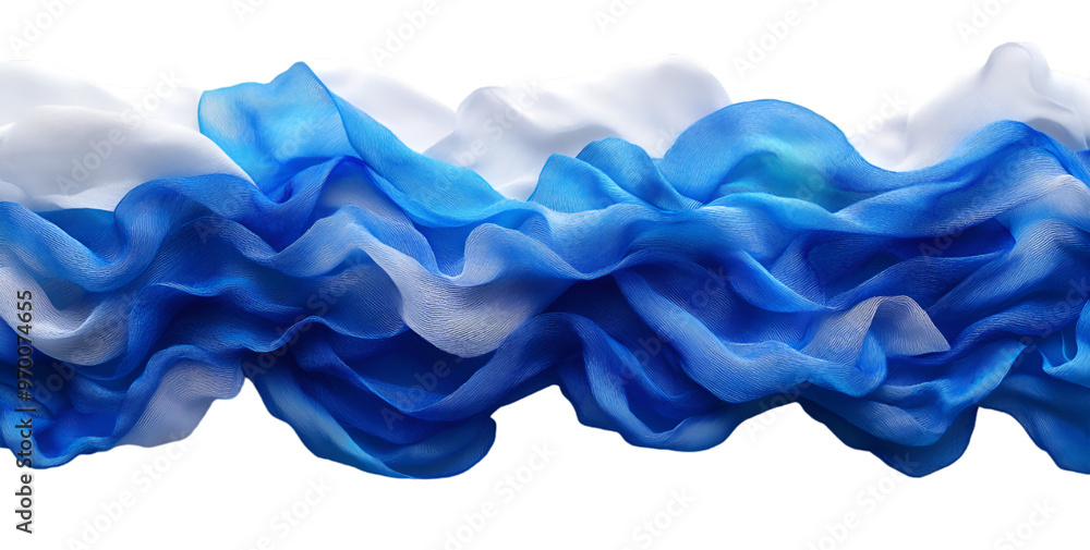 A close-up of blue and white ruffled fabric elegantly displayed against a contrasting black background. A close-up of blue and white ruffled fabric elegantly displayed against a contrasting black background.
