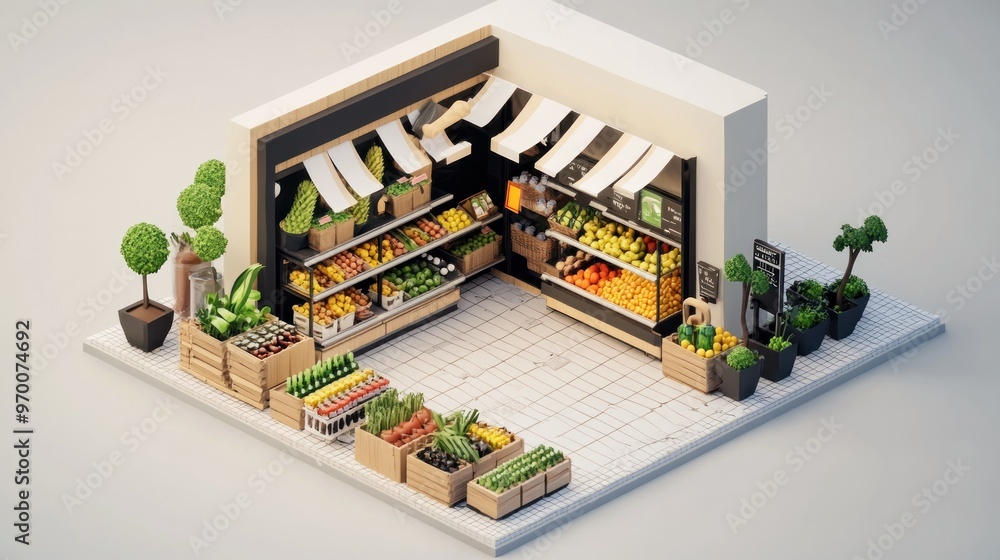 Miniature Isometric View of a Fruit and Vegetable Shop Miniature Isometric View of a Fruit and Vegetable Shop